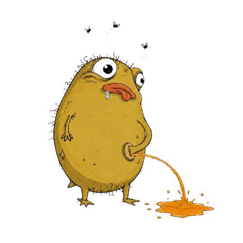 PISSACHIO, a scruffy pistachio character pissing an orange stream